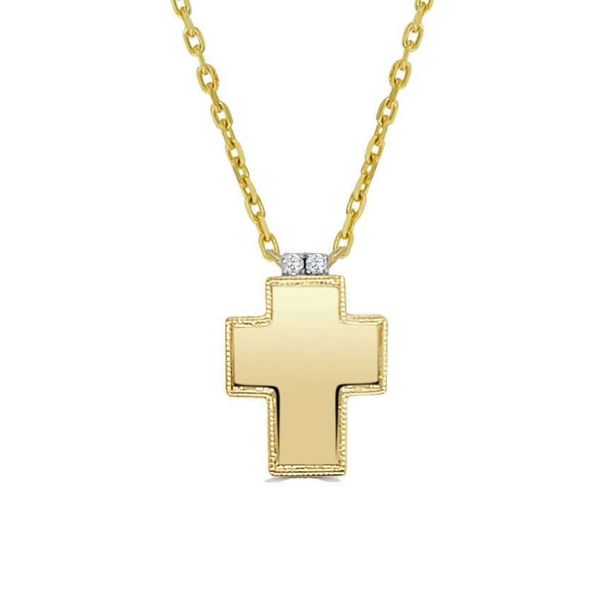 14KYWG Large Cross Firenze II .02CTW DIA w/paperclip mini chain