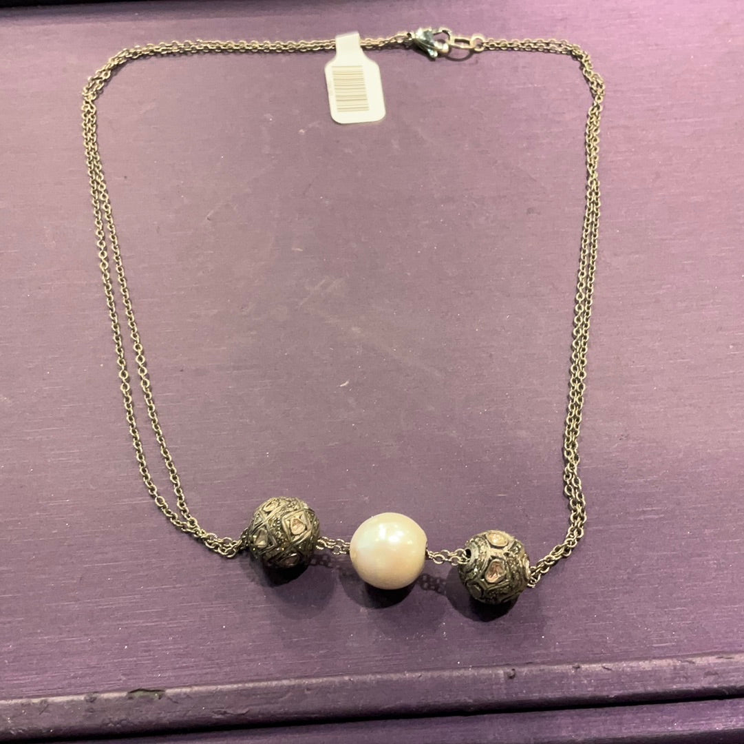 3 Bead Pearl and Diamond Necklace