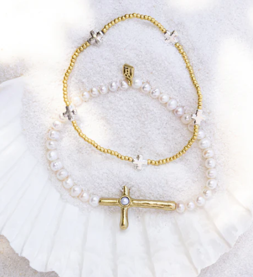 Poetic Cross Pearl Stretch Bracelet