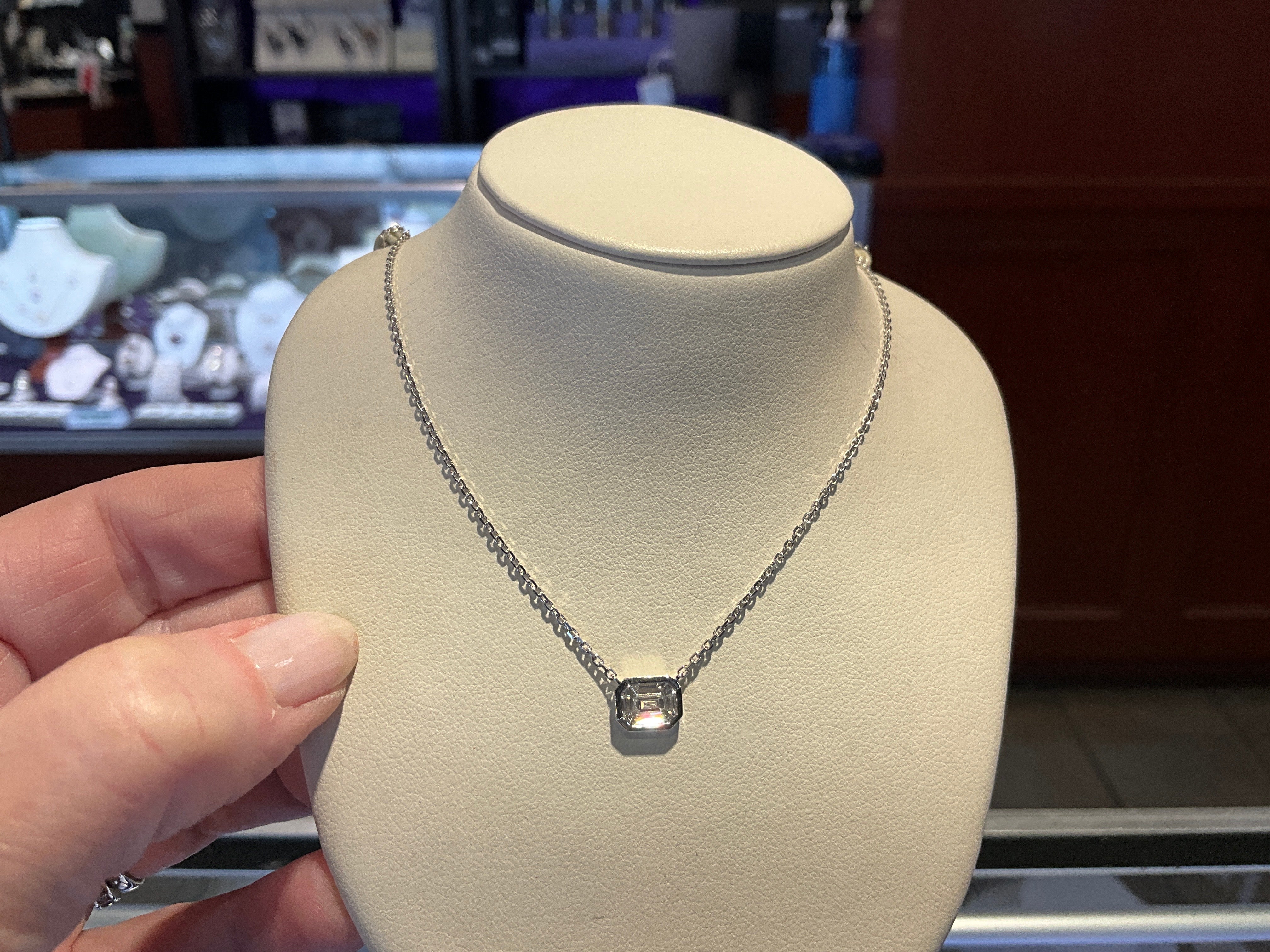 14KW Emerald Cut Bezel .31CT 16-18" Necklace