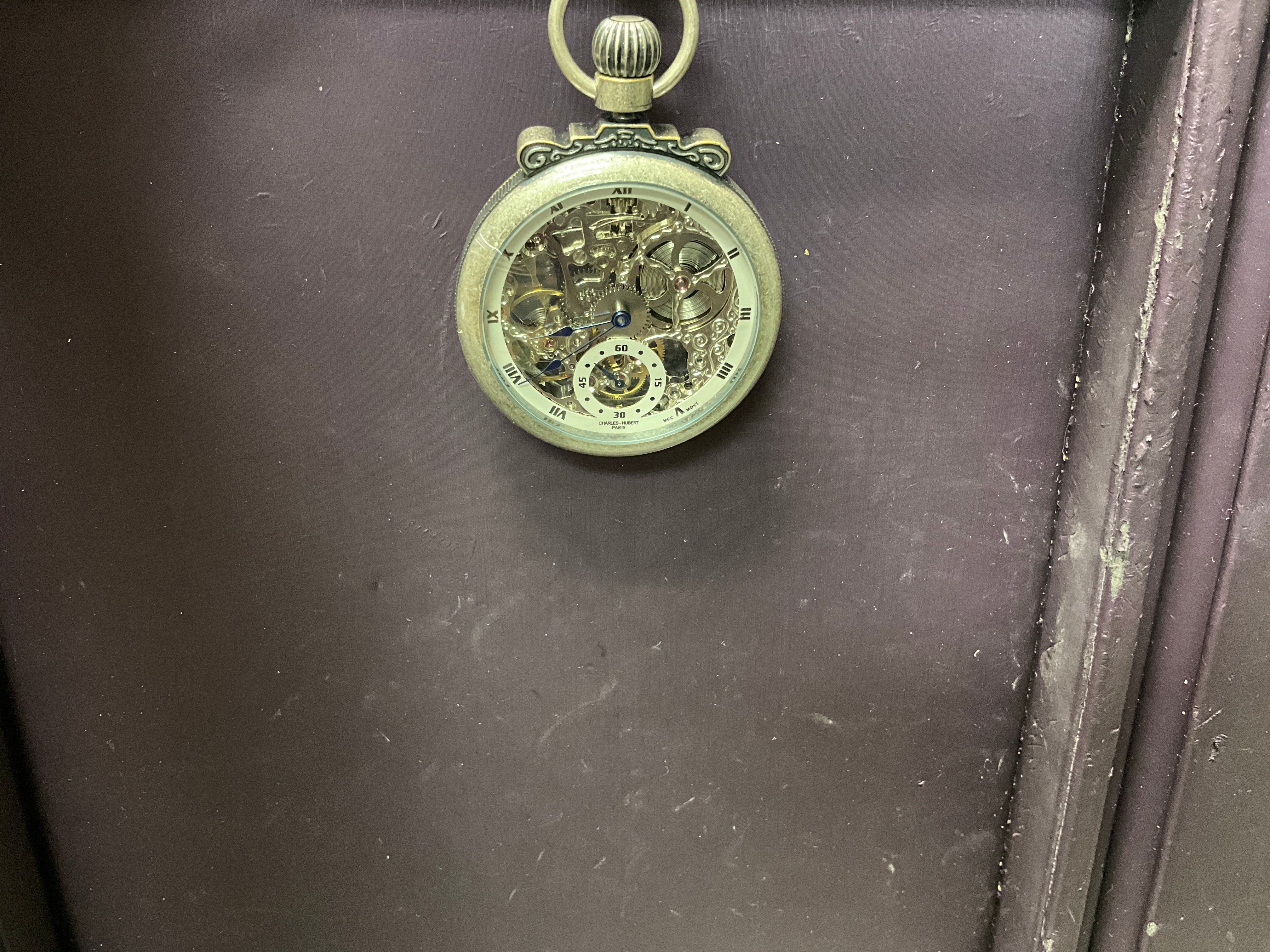 Charles Hubert Antique Chrome Finish Brass Skeleton Pocket Watch