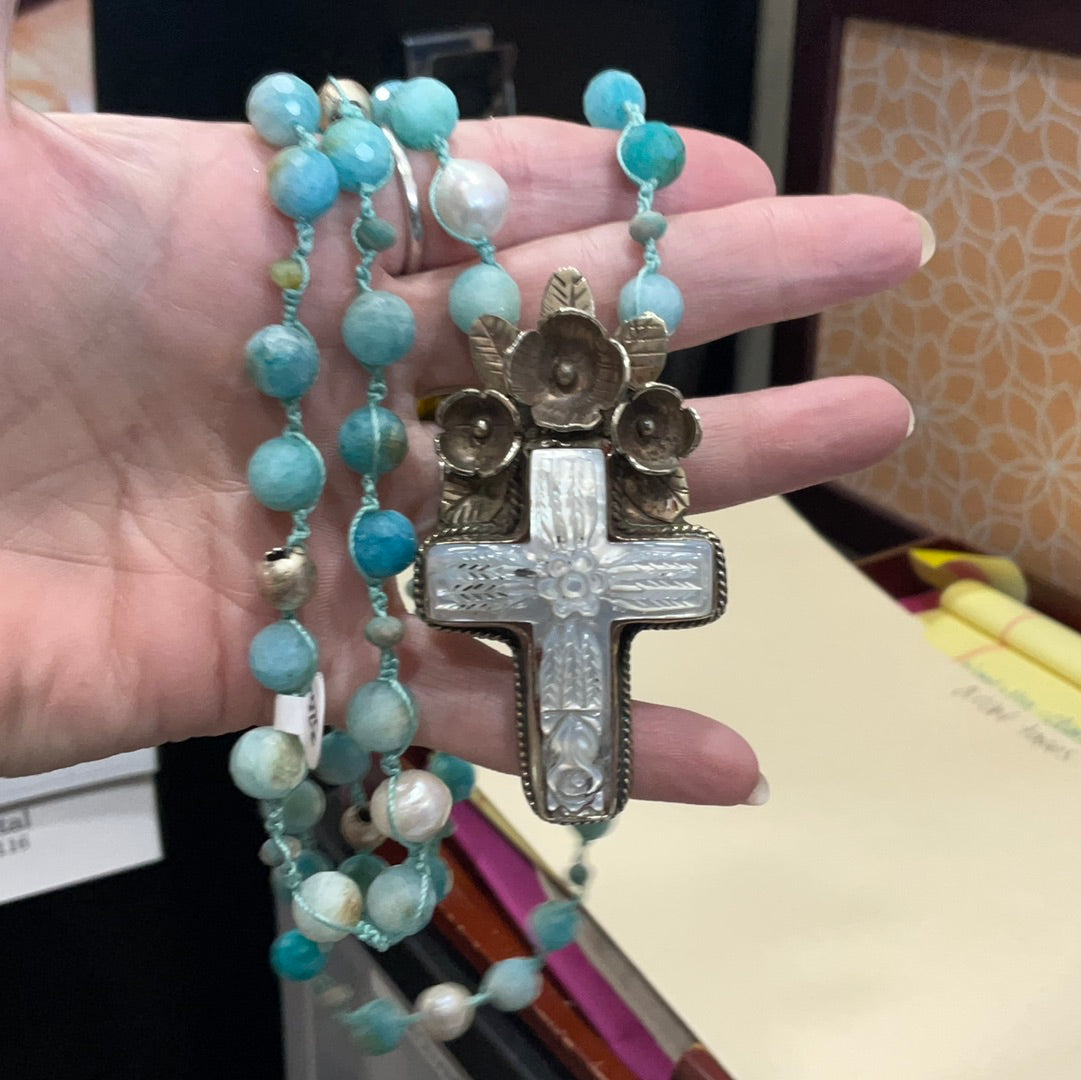 Amazonite w/Cross Pearl Necklace