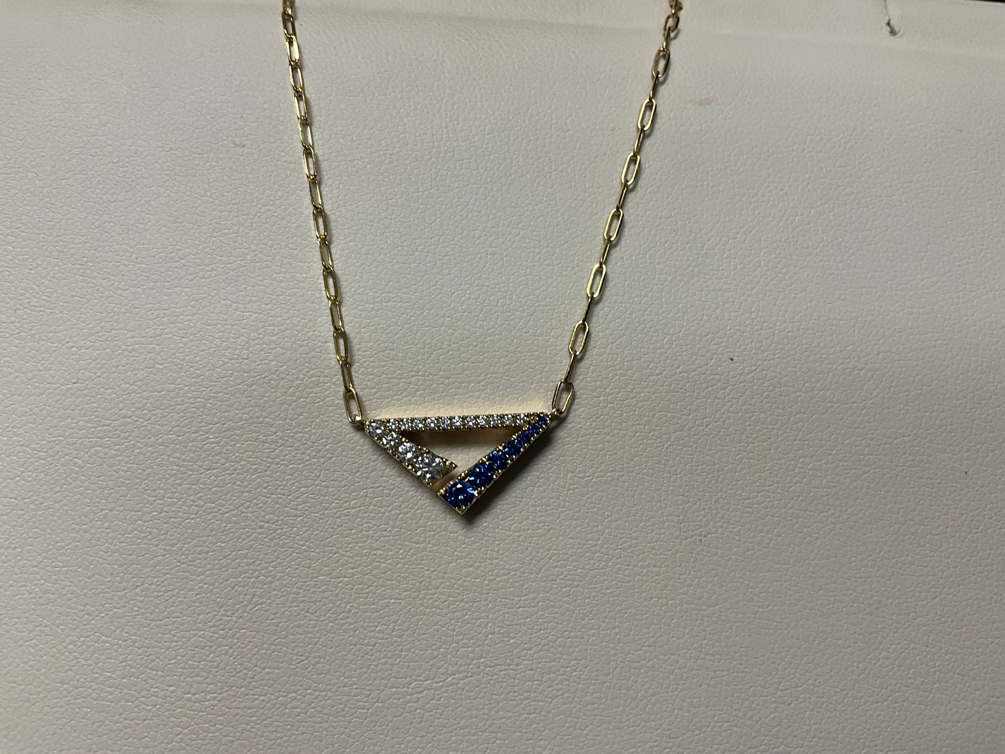 14KY Blue Sapphire and Diamond Triangle Pendant