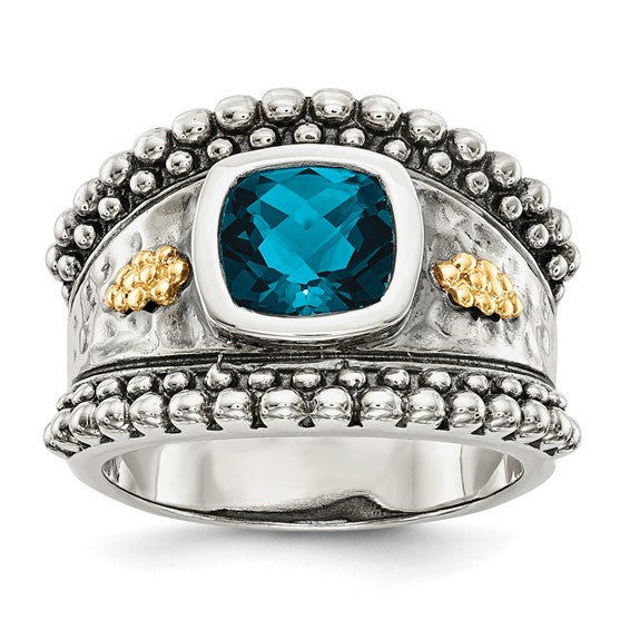 Sterling Silver Antiqued W/14KY London Blue Topaz Ring SZ 6