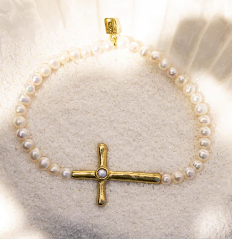 Poetic Cross Pearl Stretch Bracelet