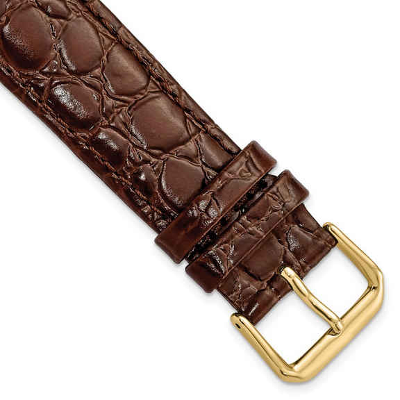 20MM Short Brown Alligator Grain Leather Band W/Gold Tone Buckle