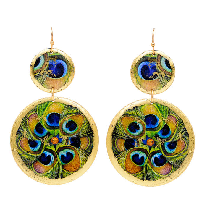 FEATHERED PEACOCK DOUBLE DISC EARRINGS