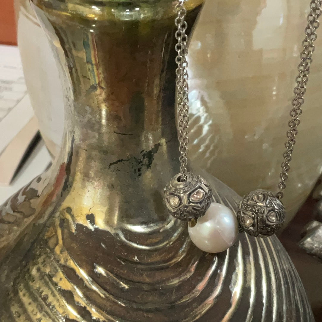 3 Bead Pearl and Diamond Necklace